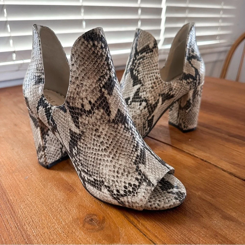 Cole Haan Snake Print Leather Peep Toe Block Heel Booties Size 6.5B Statement